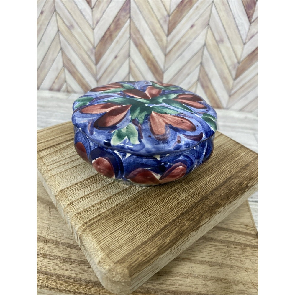 Hand-Painted Glazed Ceramic‎ Blue Trinket Dish with Lid Hearts